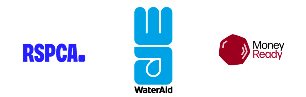 Image showing the RSPCA logo, WaterAid logo, and the MoneyReady logo